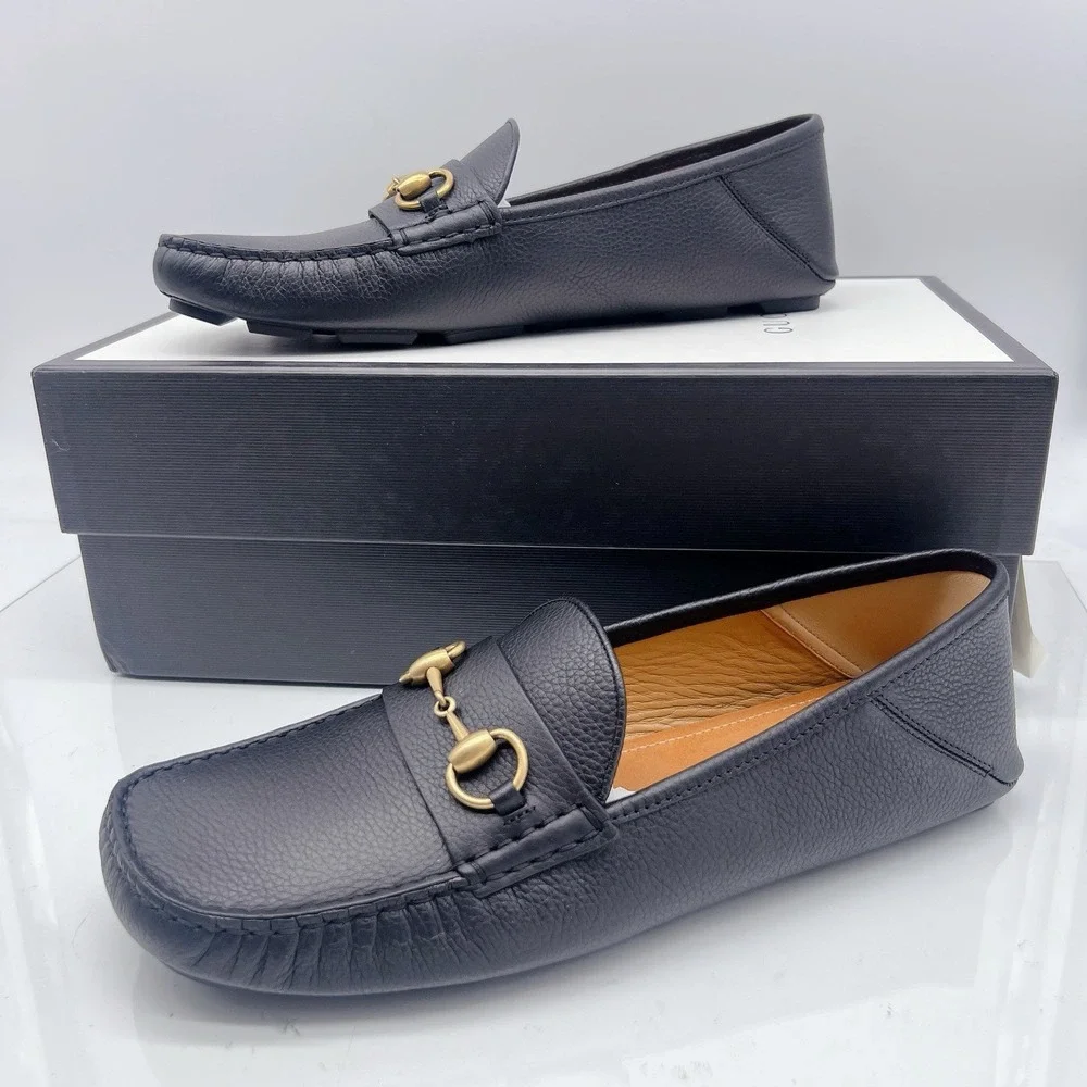 Gucci Hebron Horsebit Mens Driver Loafer Shoes Black Leather UK 9 US 9.5